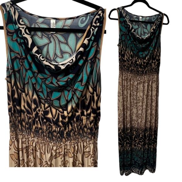 Ombré XXL Floral Teal Tan Black Women’s Maxi Dress with Drape Scoop Neck - Picture 1 of 14